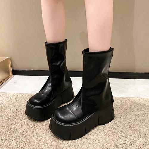 

мода осень мотоцикл женские ботильоны уличные готические платформы рок массивные каблуки панк дизайнерская обувь рыцарь короткие сапоги женщина зима 39 чёрный
