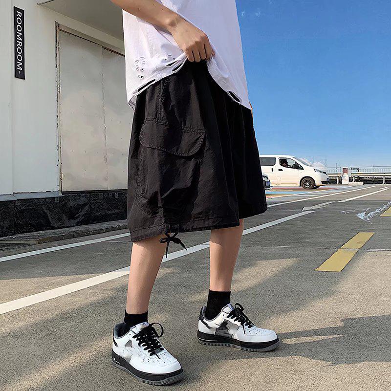 

Summer Retro Large Pocket Work Pants 7-point Men Summer Thin Workwear Wide-leg Loose Over-knee Shorts S чёрный