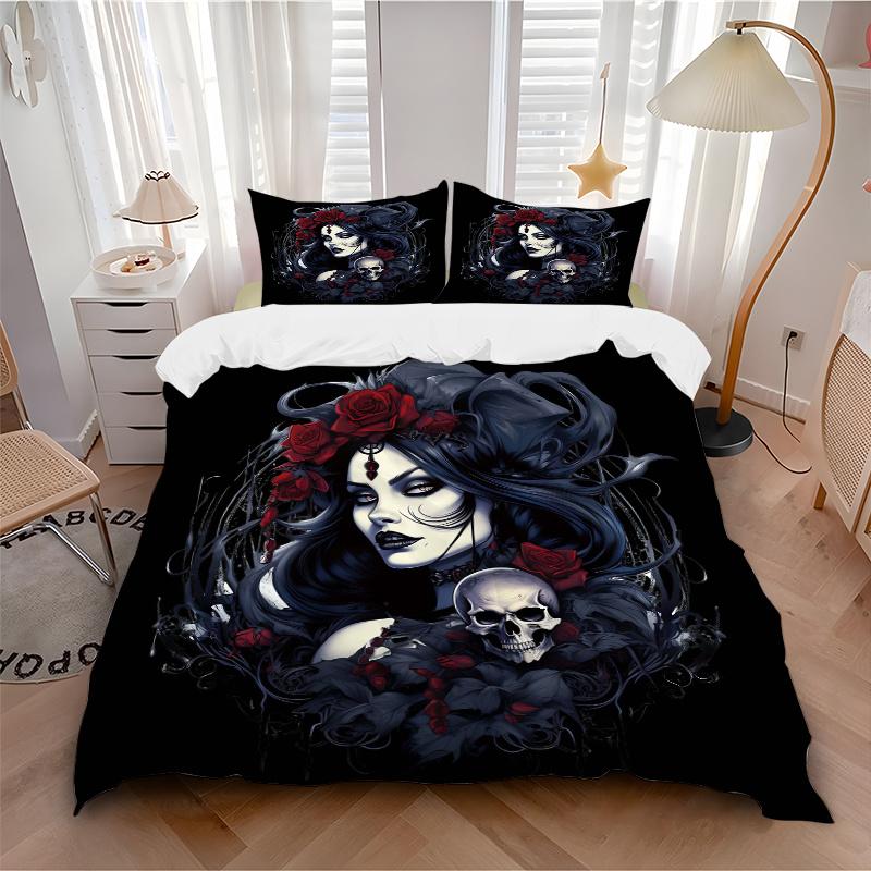 3pcs Gothic Portrait with Skull and Red Roses Bedding Set - Includes Quilt Cover and Pillowcases, Suitable for All Seasons, Machine Washable - Id