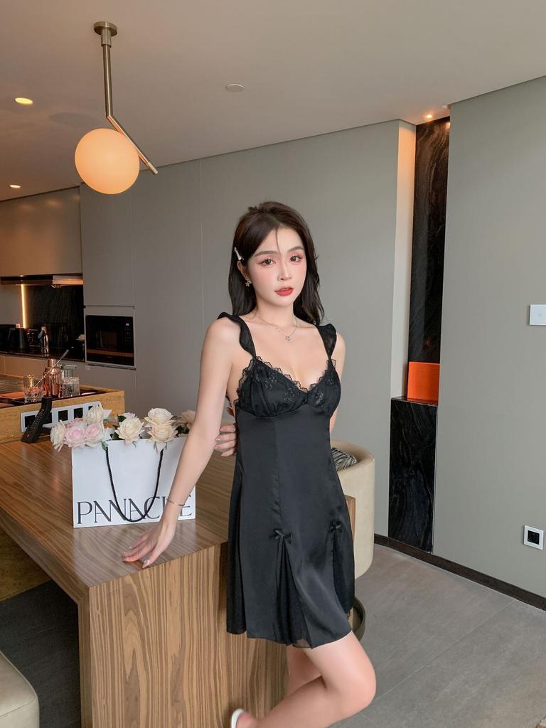 Summer pure court style ice silk suspender nightdress women's summer with chest pad sexy lace pajamas loungewear summer
