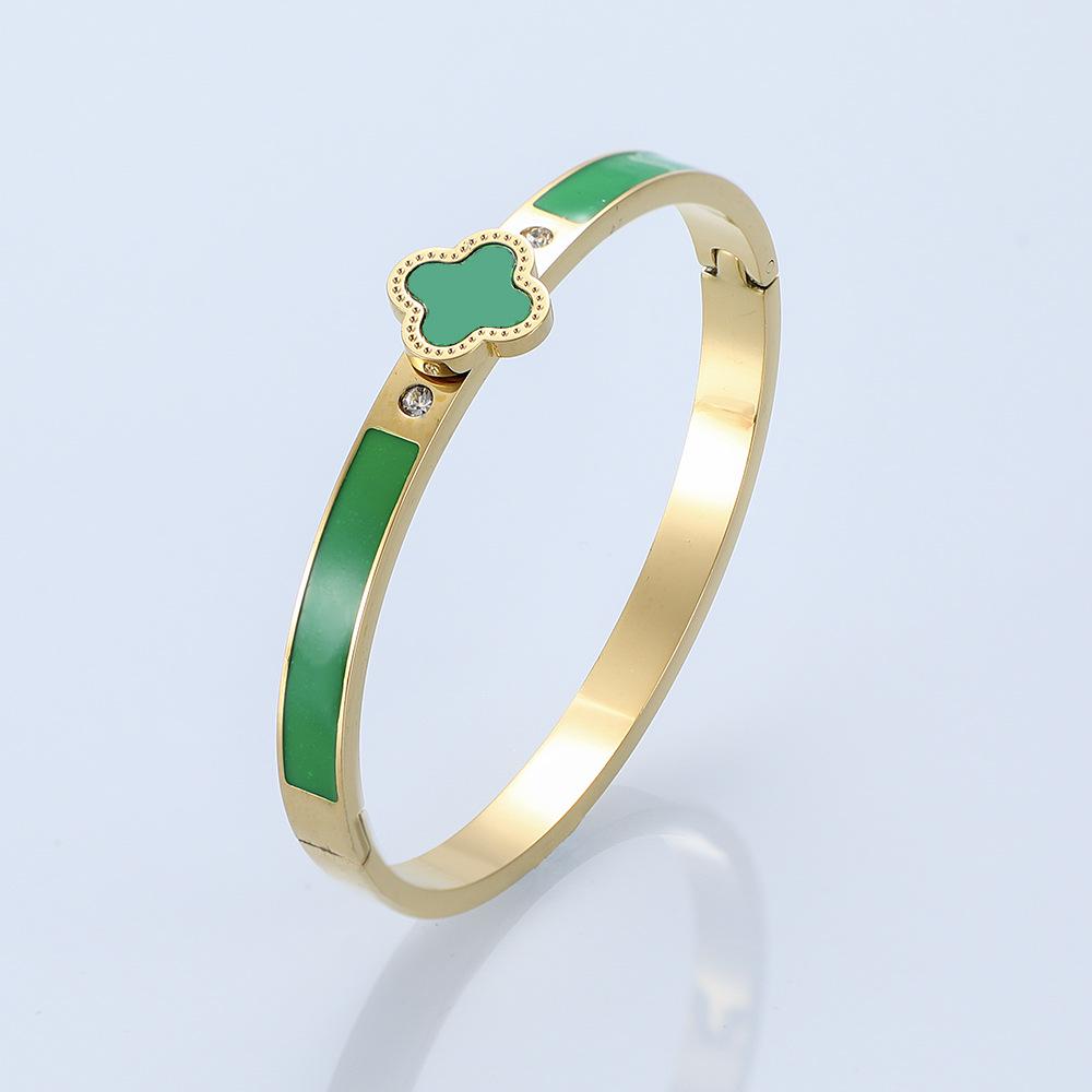 Four-Leaf Clover Bracelet & Ring Set: Titanium Steel, Oil Drip Diamond, Available In Black, White, Red, & Green