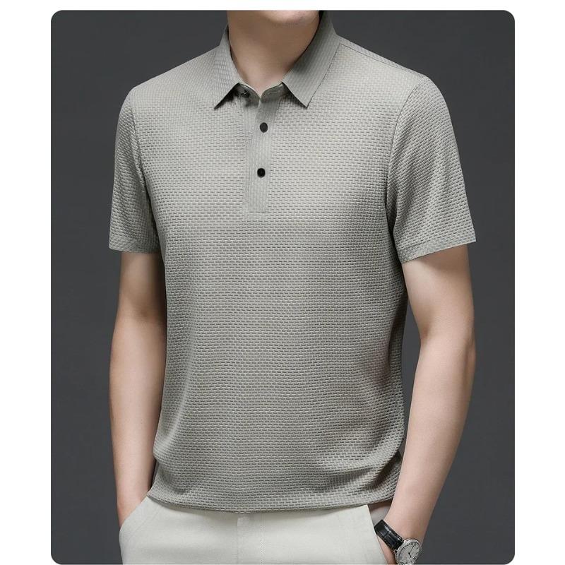 Camiseta Polo Masculina de Verão Lop-up Vazada de Manga Curta Seda Gelada Respirável Moda Business Camiseta Roupas de Marca Masculina