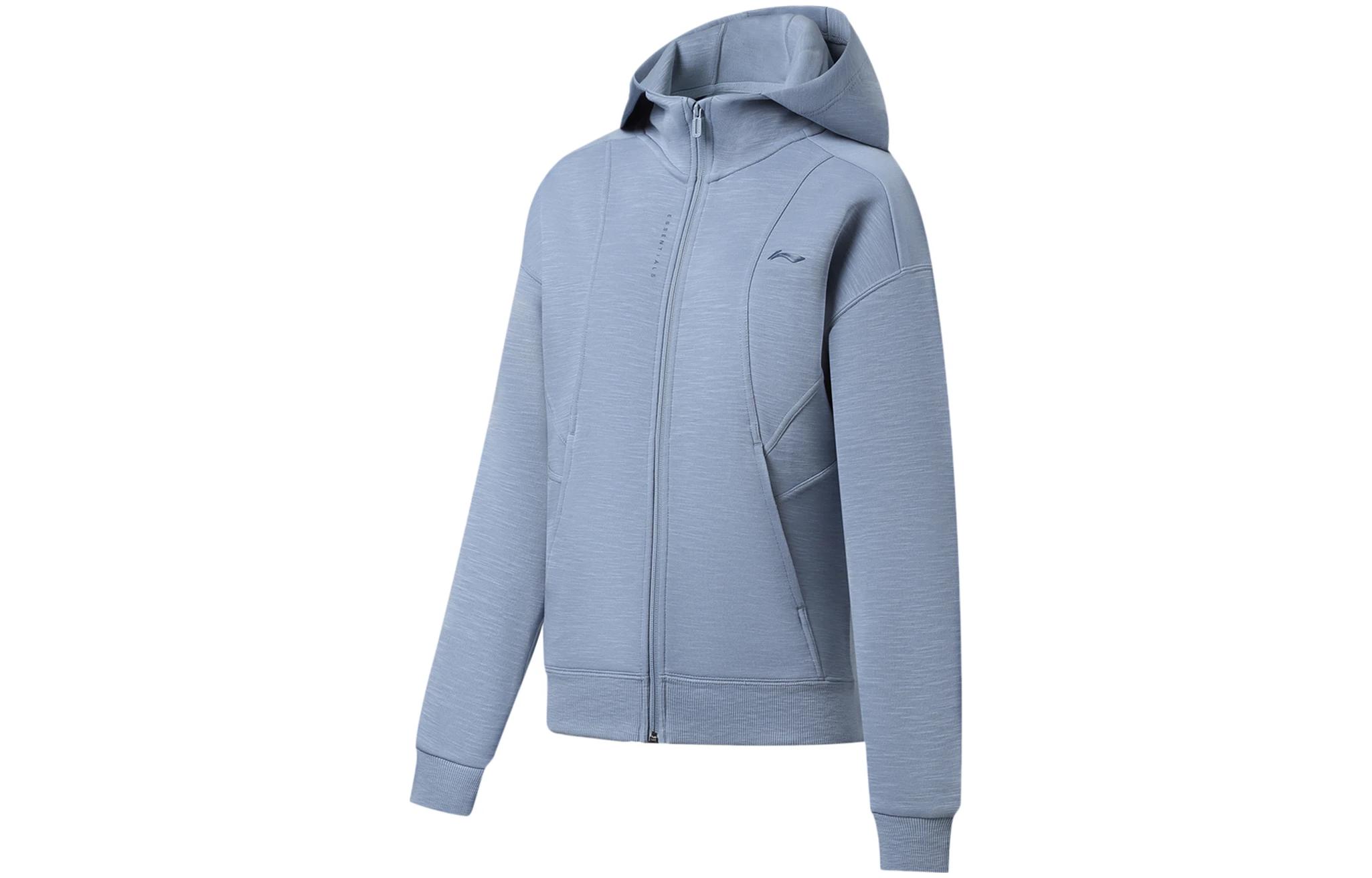 Li Ning Fitness Series Sweatshirts Women s Soft Gray Blue Hooded Moderate Cardigan AWDSA68-3 L