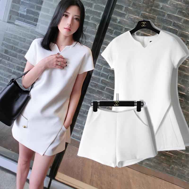 Women's Fashion White Black Suit Split Shirt + Shorts Summer Casual Ladies Office Workt Two-piece Suit Set