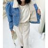 Short Denim Jacket Women Autumn Winter  Vintage New Lamb Fur Spliced Coats Casual Button Up Turn Down Collar Jacket