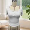 Women Tops Slim Fit Square Neck Rib Knitted Shirt Pure Color Short Sleeve Lace Splicing Stretchy Tops with Buttons Detail Daily Wear