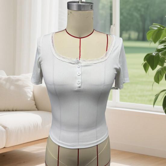 Women Tops Slim Fit Square Neck Rib Knitted Shirt Pure Color Short Sleeve Lace Splicing Stretchy Tops with Buttons Detail Daily Wear