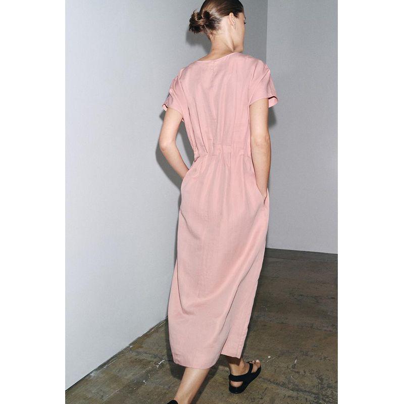 Summer New Women Clothes Basic Round Neck Casual Straight Pleated Short Sleeve Midi Dress 4333041