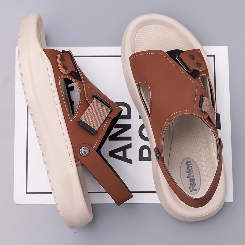 Fashion New Summer Anti-slip Wear-resistant Dual-purpose Beach Shoes for Men Solid Color Fashion Casual Solid Color Leather Sandals Man