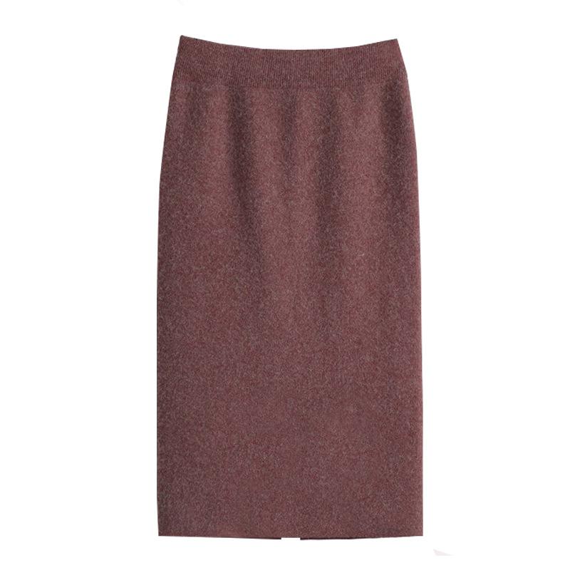 Autumn Winter Bodycon Pencil Skirt Midi Wool Plain Front Slit Knit Skirt