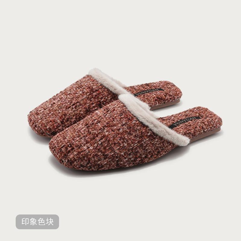 

Fashion Winter Warm Fluffy Home Cotton Slipper Couple Fashion Square Toe Satin Designer Shoes Cozy Lightweight Non-slip Zapatos De Mujer 36-37