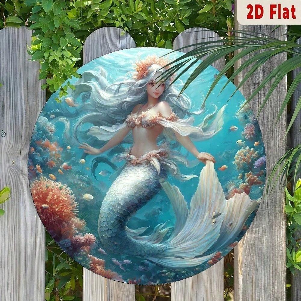Vintage Mermaid Aluminum Sign, Round Coral Reef Wall Decor, Undersea Metal Plaque