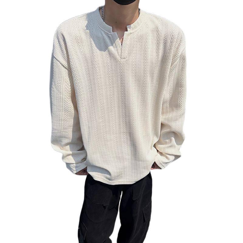 Men's American Trendy V-Neck Jacquard Sweatshirt: Loose Fit, Long-Sleeve, Casual High Street Style T-Shirt for Autumn.