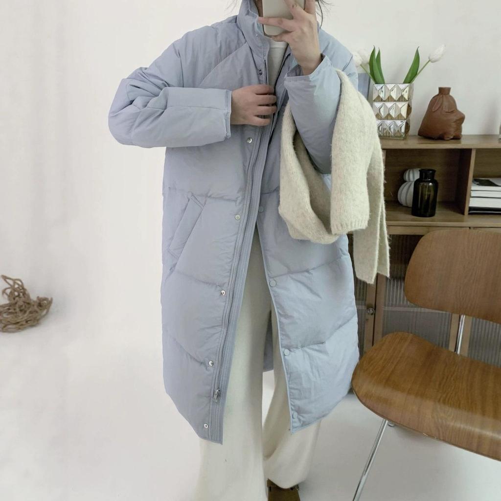 Women's Korean Style Mid-Length Down Jacket - Solid Color, Stand-Up Collar, Loose Fit, Warm Winter Coat.