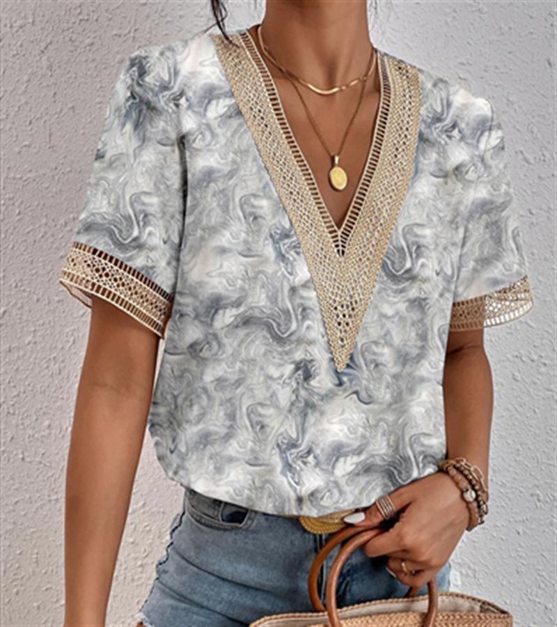 Women's V-Neck Lace Loose Top Commuter Short Sleeve Shirt Women's Splicing Design