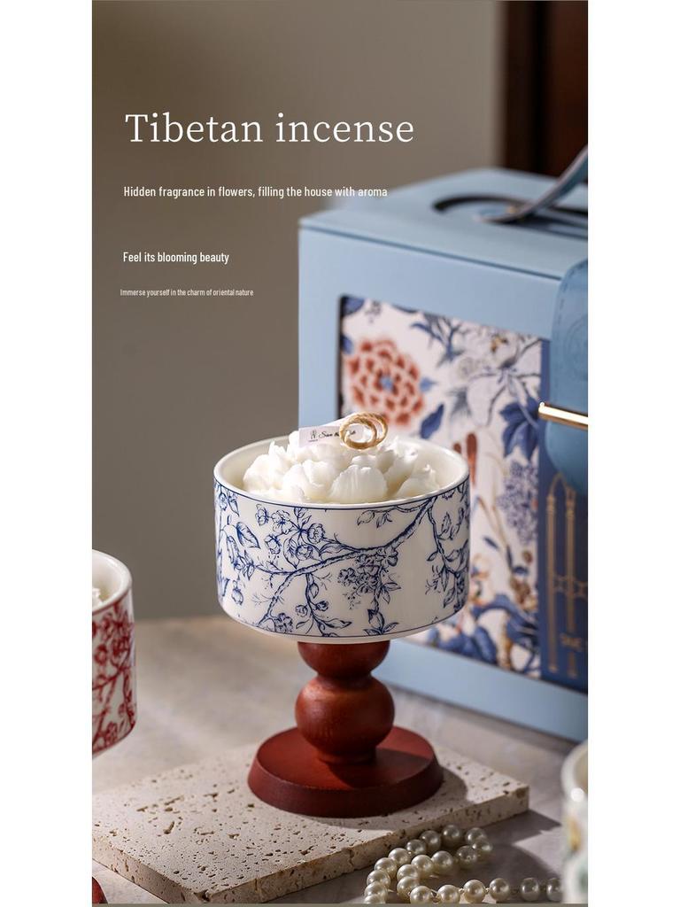 Camellia Scented Candle & Essential Oil Gift Set with Ceramic Diffuser - Hotel Room Fragrance & Deodorizer