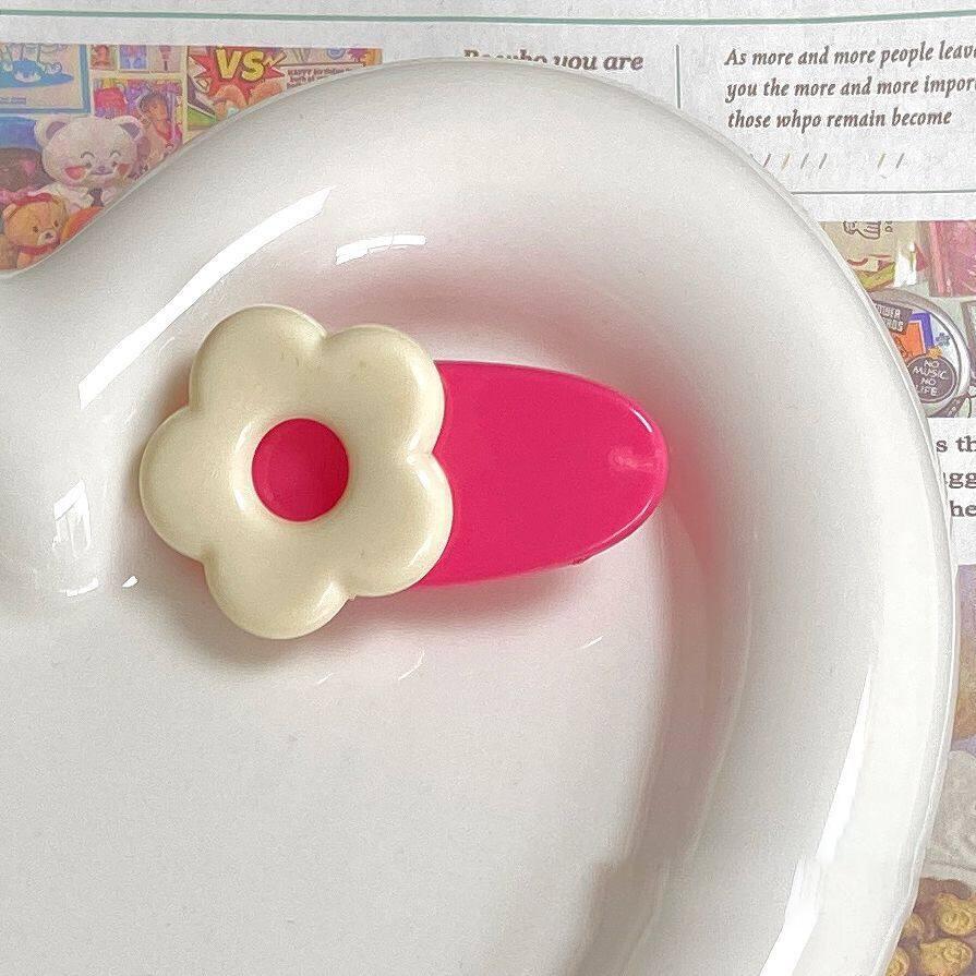 Cartoon Pink Flower Oval Hairpin Cute Sweet Girl Side Clip  Hair Accessories for Women