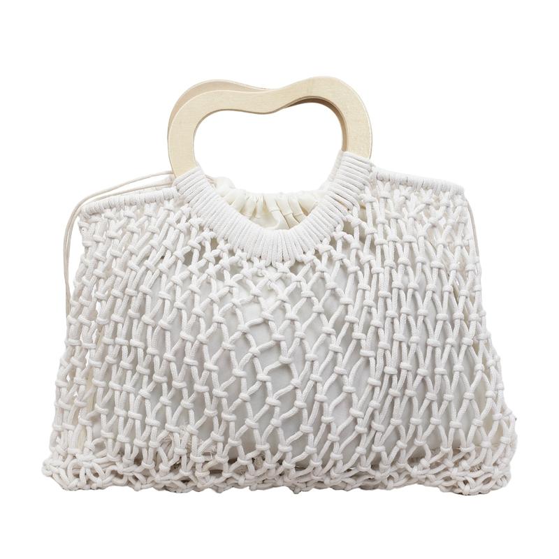

Fashion Large Capacity Solid Heart Wooden Handle Mesh Bags for Women Hot Sale Concise Casual Hollow Out Woven Sweet Tote Bags