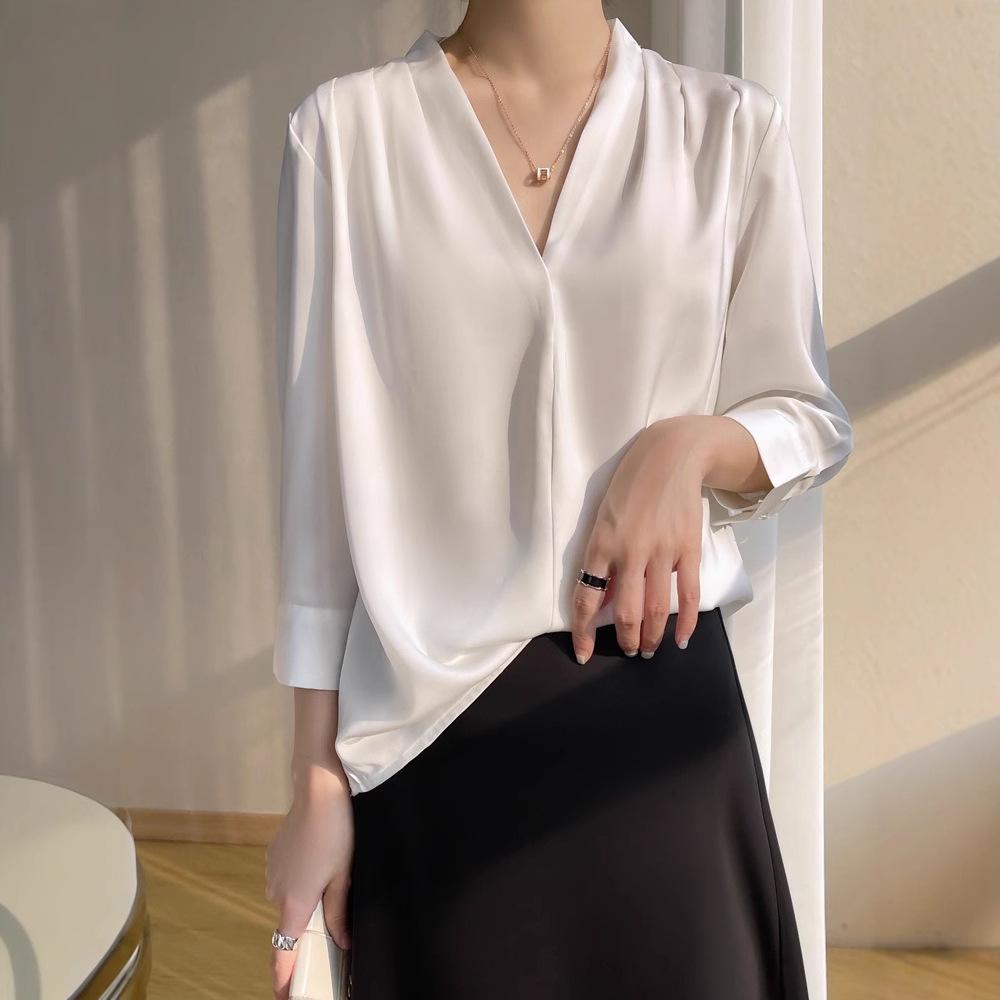 Top Estivo da Donna in Raso con Scollo a V e Maniche Lunghe