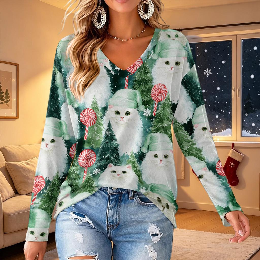 Women's V-Neck Long Sleeve Christmas Printed Lightweight Top for Spring and Summer
