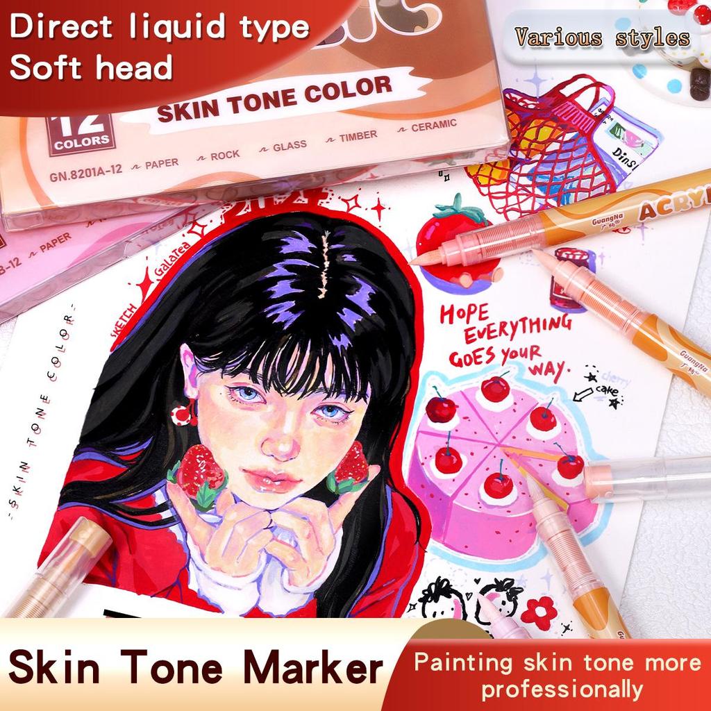 12pcs Brush Acrylic Marker Pens Set Skin Tone & Macaron Colors Direct Liquid Soft Head for Illustration Drawing Painting