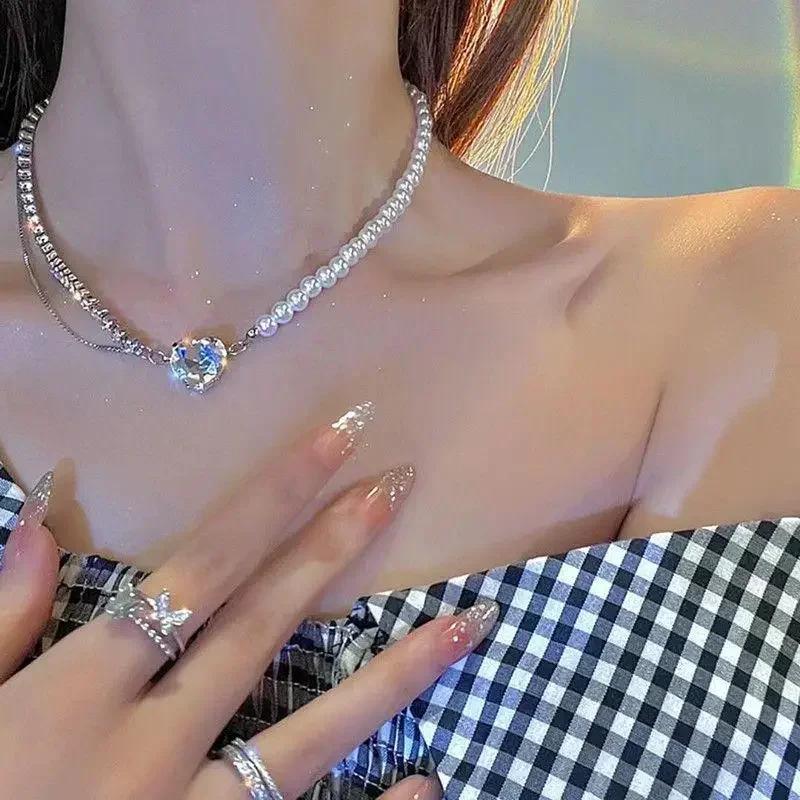 2024 New Fashion Single Gray Pearl Zircon Necklace for Women Simple Personalized Daily Accessory Party  Birthday Gifts