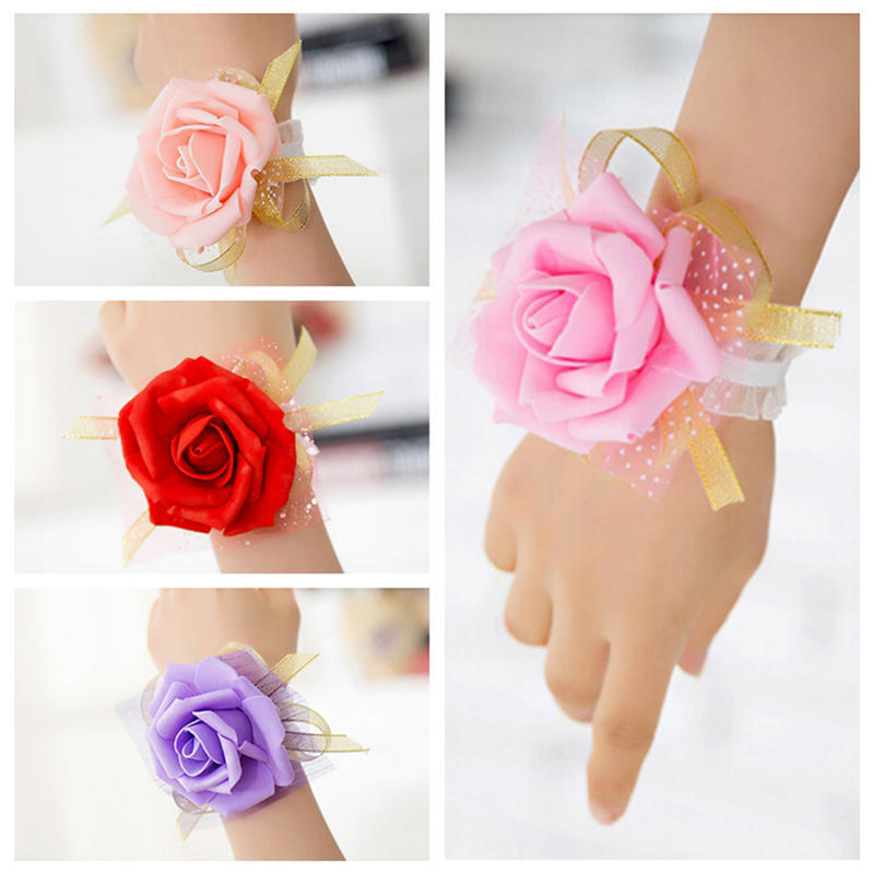Bridesmaid Wrist Corsage Wedding Party Rose Bracelet Silk Flowers Ribbon