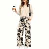 Women's Casual Printed Long Sleeve Round Neck Loose Fit Pajama Set with Pockets for Home Wear