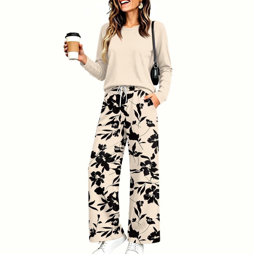 Women's Casual Printed Long Sleeve Round Neck Loose Fit Pajama Set with Pockets for Home Wear