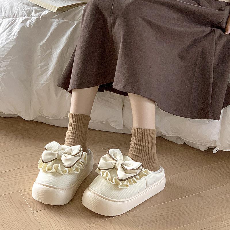 Cute bow cotton slippers autumn and winter warm outer wear versatile velvet thickened indoor home