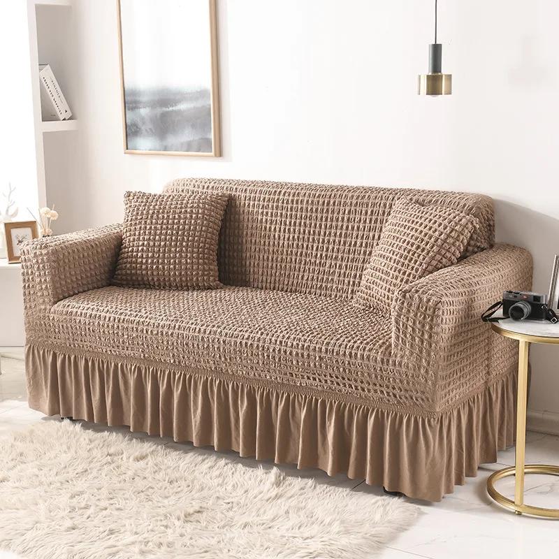 High Elastic Bubble Grid Sofa Cover 1/2/3/4 with Skirt Hem Universal Stretch Couch Protector for Home Living Room Pet Anti Dirt