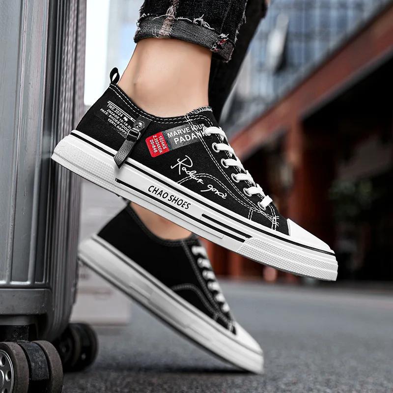 Pánské plátěné boty, pánské tenisky, prodyšné pánské sportovní černé látkové boty, trendy s písmenem, pánské nízké tenisky, ležérní boty