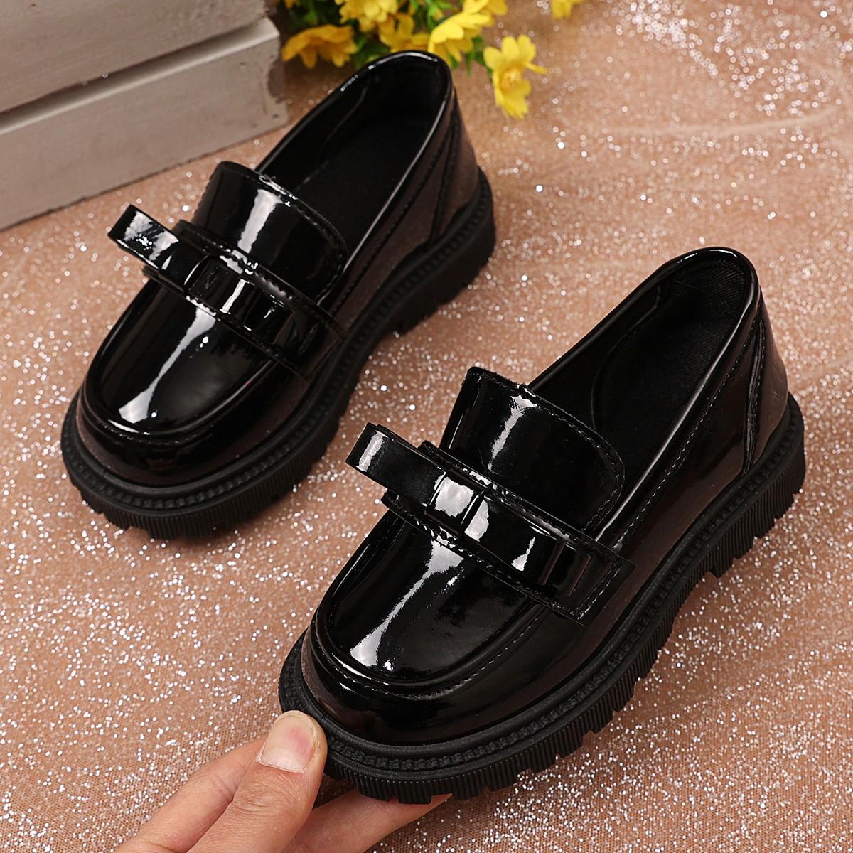

Girls Black Uniform Shoes for School Students Flats Round Toes Glossy Spring Autumn Children Leather Shoes British Style 37