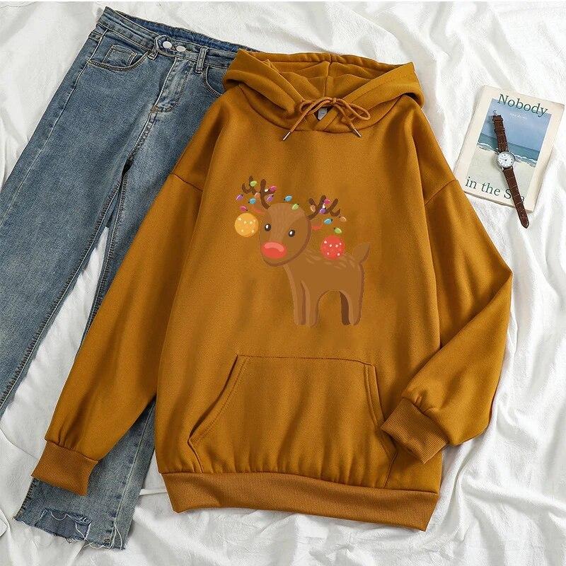 KAWAII Christmas Elk Hoodies Women Unisex Harajuku Fashion Xmas Streetwear Autumn Winte Warm Hooded Sweatshirts Pullover Ropa Mujer