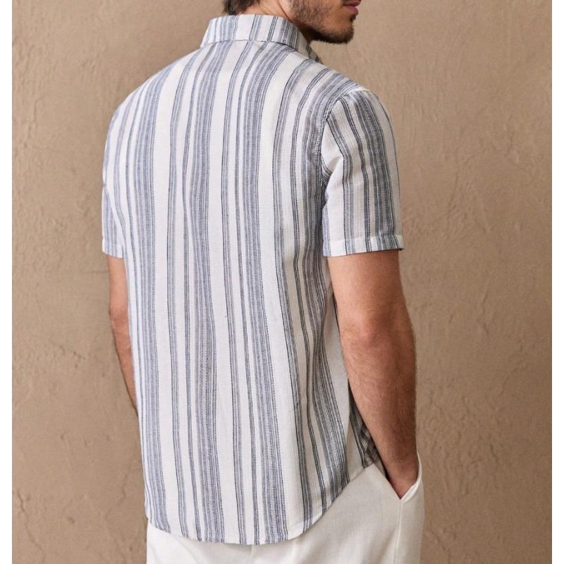 Summer Polo-neck Vintage Striped Printing Cardigan Shirt Male Short Sleeve Casual Fashion All-match Top Men