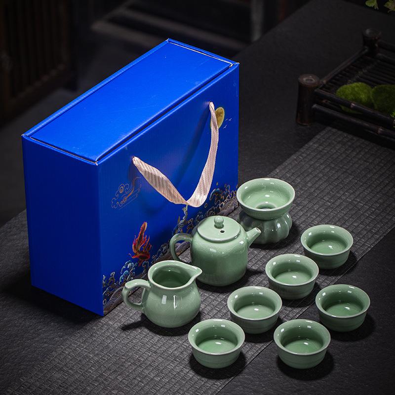 10-Head Ge Kiln Tea Set Kung Fu Ceramic Open Film Dehua Household Complete Teapot Gift Box Teacup Business Gifts