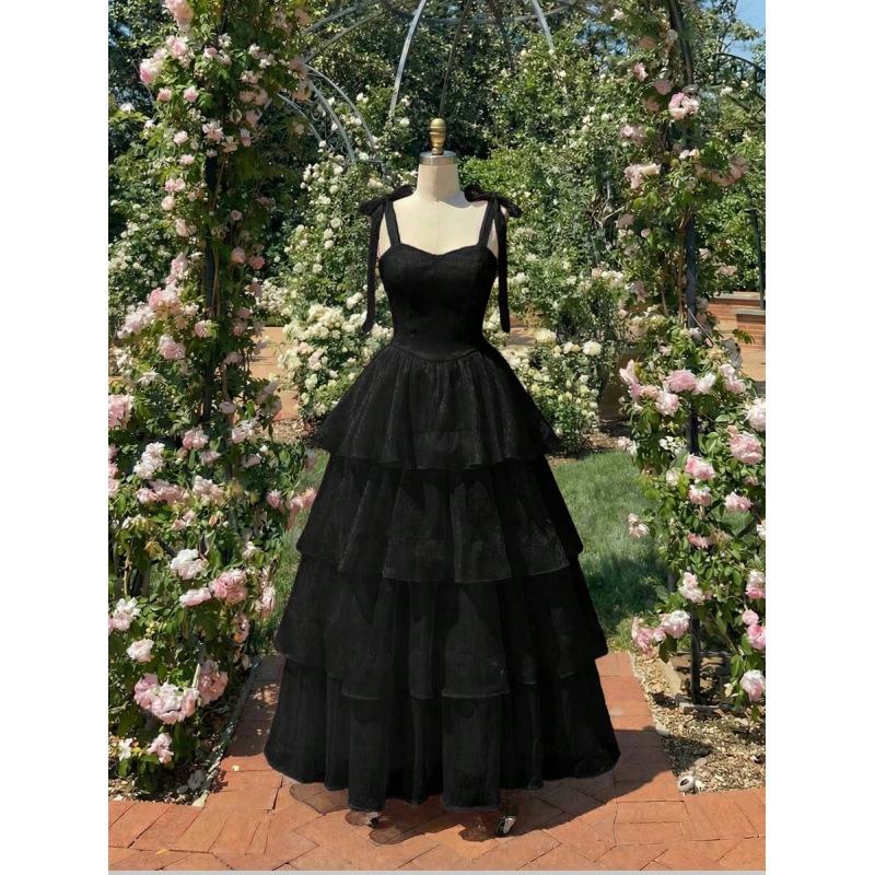 European summer new solid color multi-layer knotted elegant off-the-shoulder suspender backless long dress XS