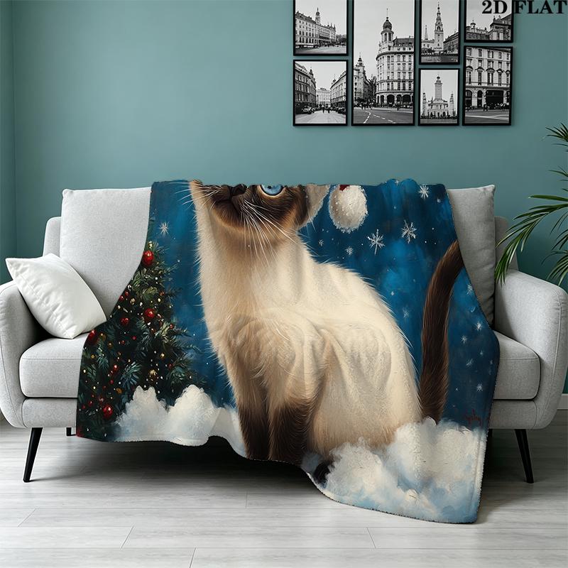 Christmas cat Printed Flannel Blanket, soft throw for bedroom sofa, washable, Christmas present, great gift.