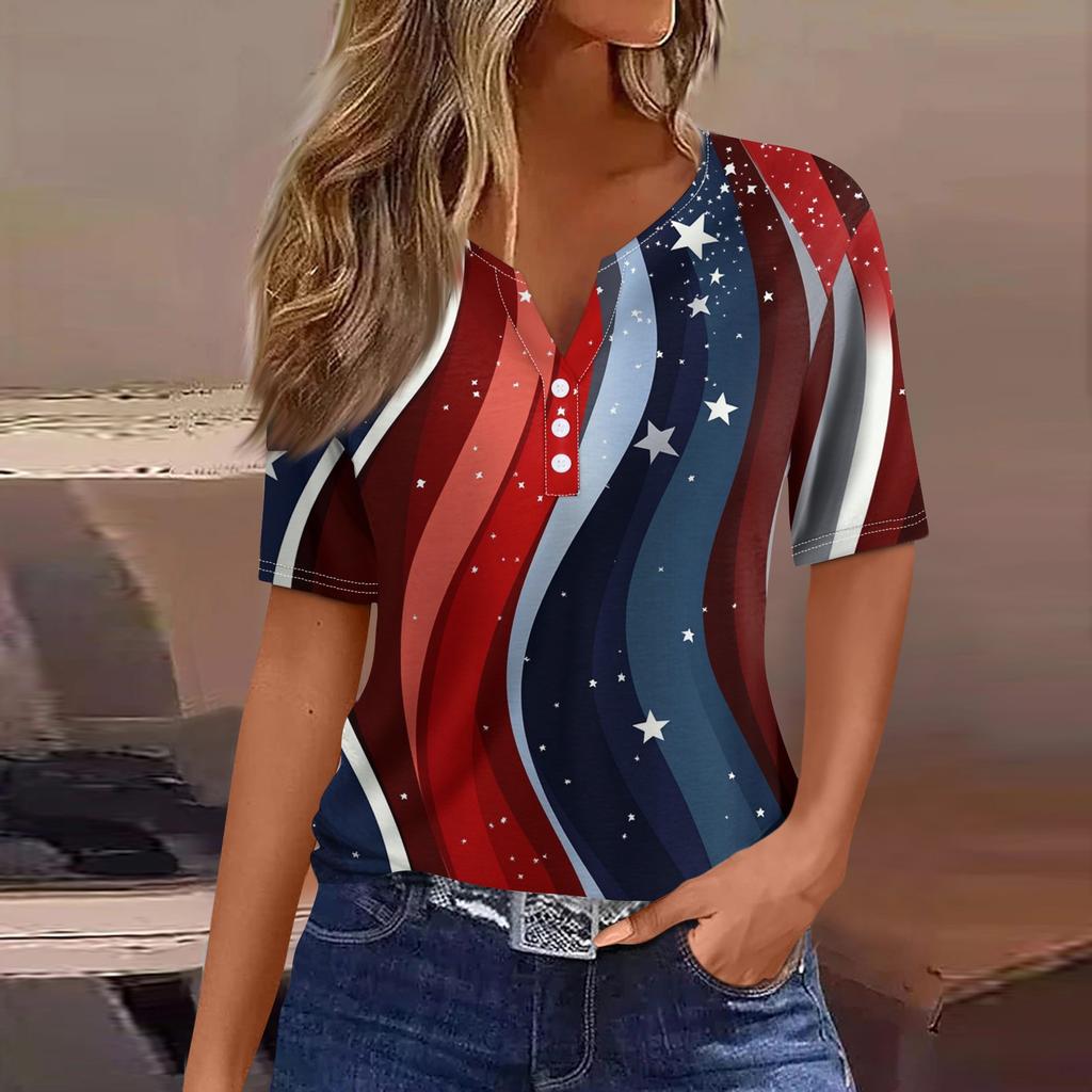 Dámské tričko Tričko Potisk knoflíku Krátký rukáv Denní víkend Móda Basic Top s výstřihem do V