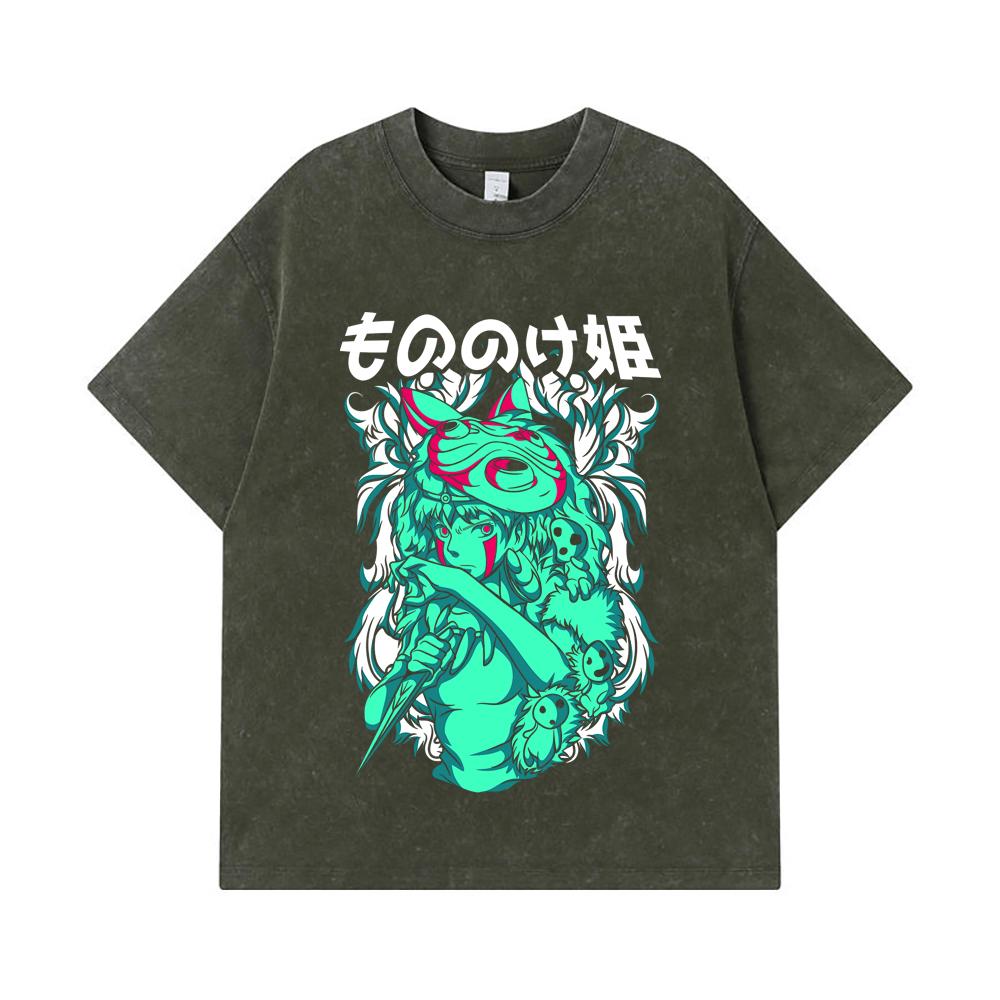 275 GSM Washed T-shirts 100% Cotton Ghibli V5 Princess Mononoke Print Unisex Heavy Cotton T Shirt S армия зеленый