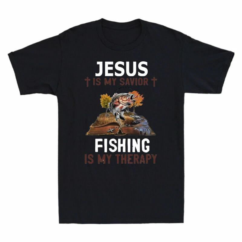 Jesus Is My Savior Fishing Is My Therapy Funny Christian Gift Retro Men T-Shirt M