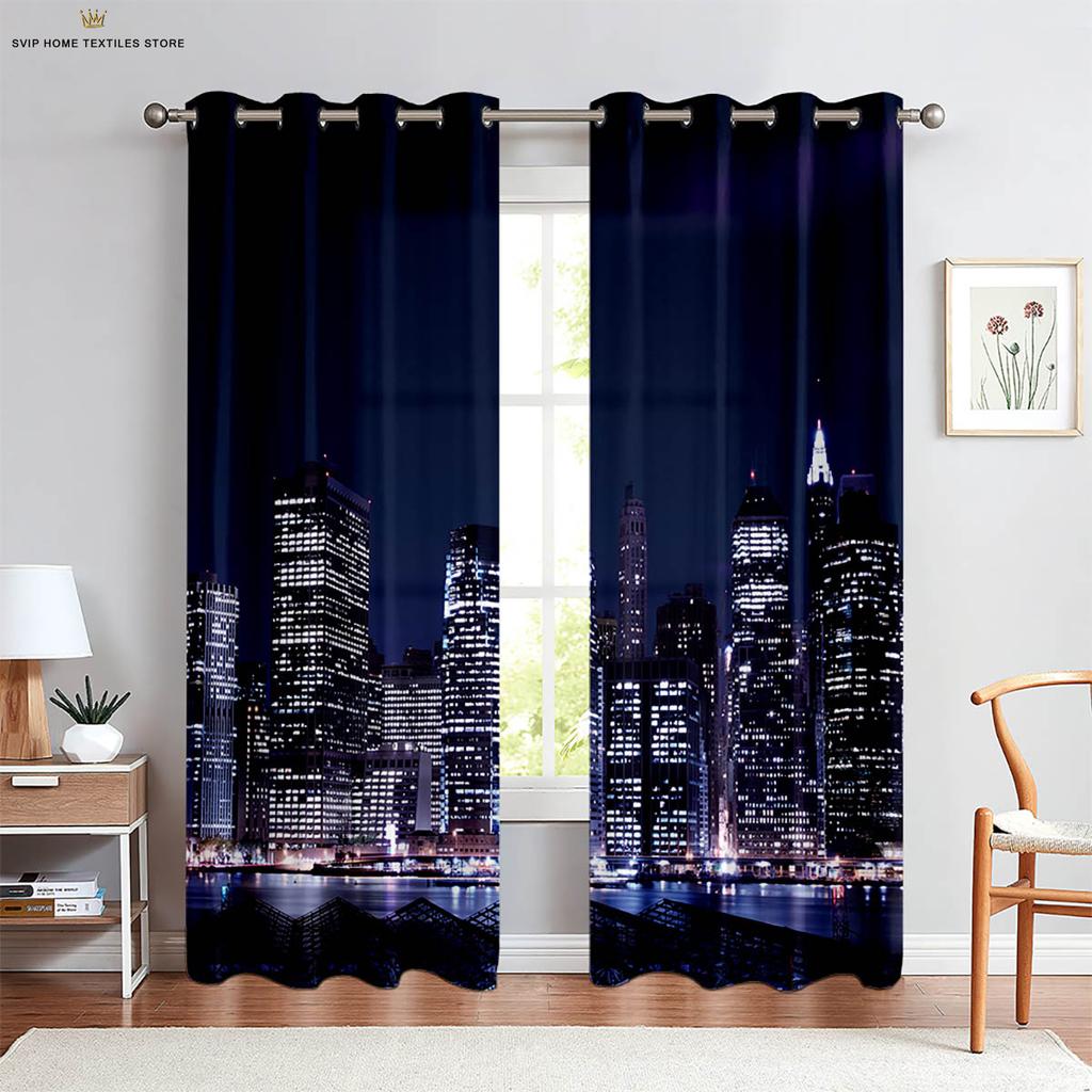 City Building 3D Printing Curtain, Night View Scenery, Bedroom, Living Room, Kitchen, Decorative, Easy To Wash and Care, 2 Pcs
