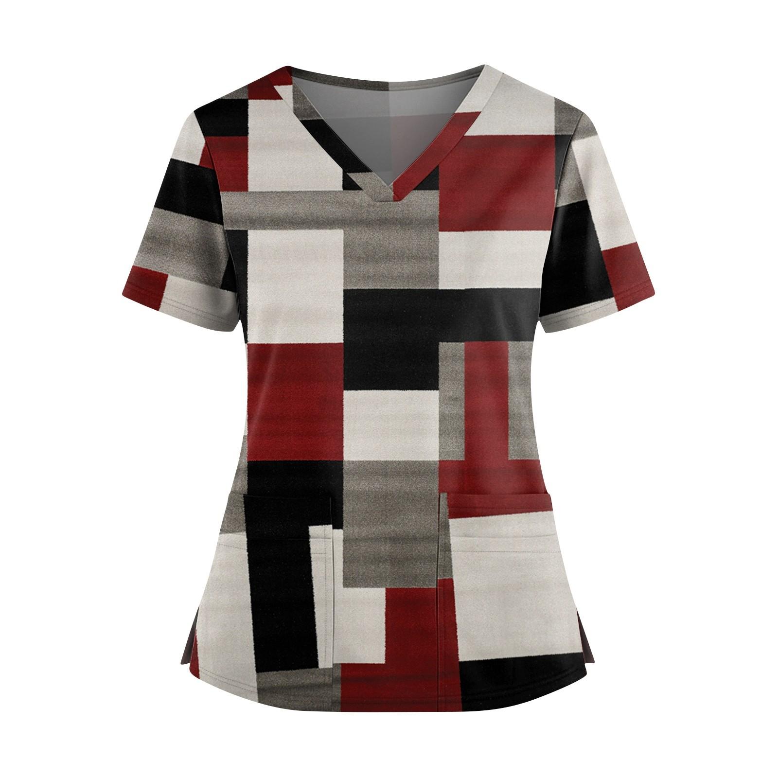 

Women s Fashionable Printed V Neck Double Pocket Short Sleeved Shirt With Slit Hem Uniform And Worker Top XXXXXL