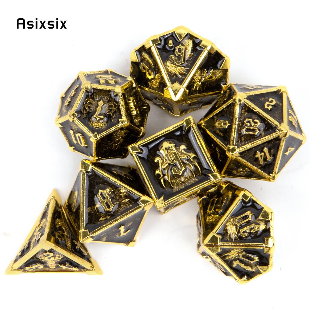7 Pcs Black Golden Skull Metal Dice Solid Metal Polyhedral Dice Set Suitable for Role-Playing RPG Board Game Card Game