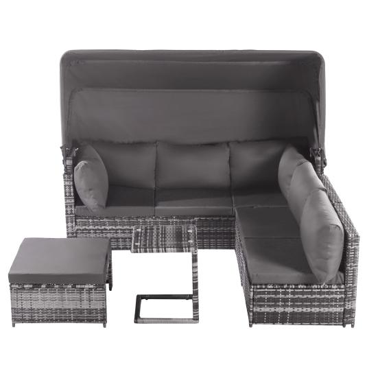 Rattan Sun Island Seating Set, Sofa with Canopy, Footrest, Armchairs, and Table, Outdoor Garden Furniture, Lounge Furniture for Balconies and Gardens,