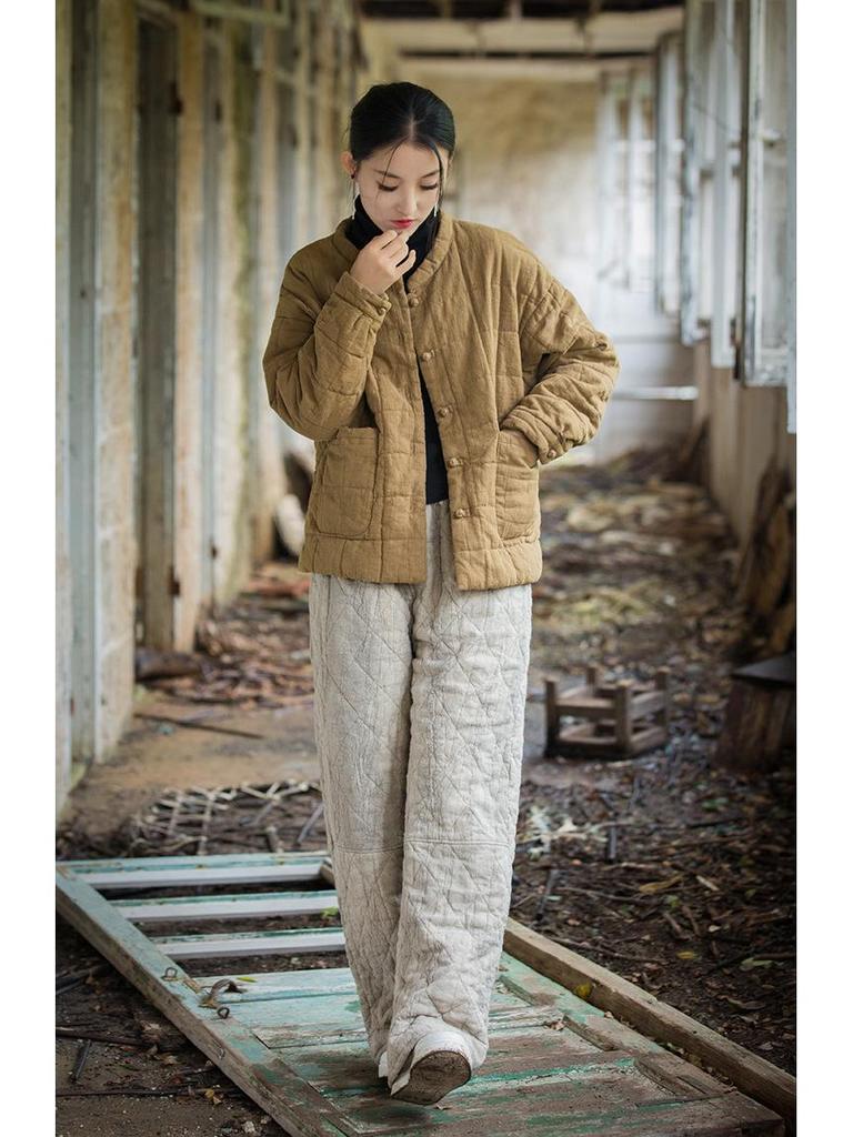 Women's New Style Winter Quilted Plaid Cotton Jacket: Fashionable Literary Short Ramie Coat