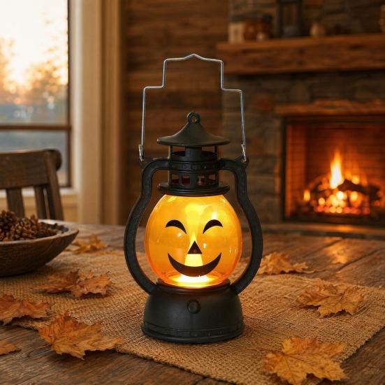 Halloween Pumpkin Lantern with LED Light, Portable Retro Horse Lantern with Funny Pumpkin Faces, Safe Flame-Free Halloween Decoration for Indoor