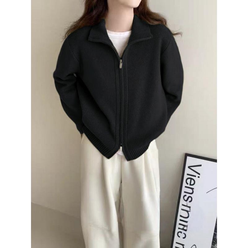 Korean Autumn/Winter Double Zipper Stand Collar Knit Cardigan - Women's Loose Fit, Slimming, High-End Sweater