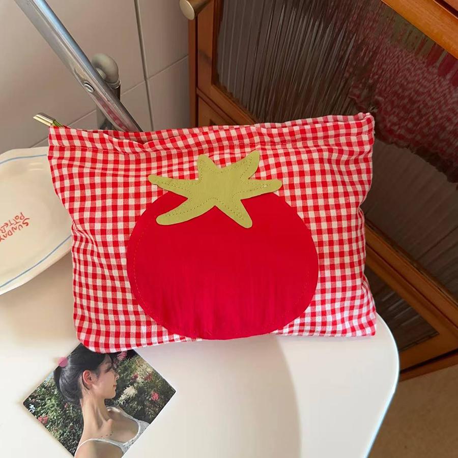 Ute Red Checkered Tomato Cosmetic Bag Large Capacity Portable Handheld Wash Bag Simple Versatile Makeup Storage Bag