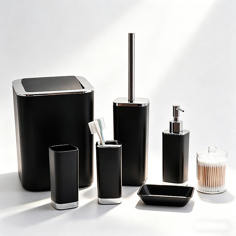 Bathroom Essentials Set: Soap Dispenser, Toothbrush Holder, Cup, Cotton Swab Holder, Soap Dish, Toilet Brush, Trash Can with Lid.